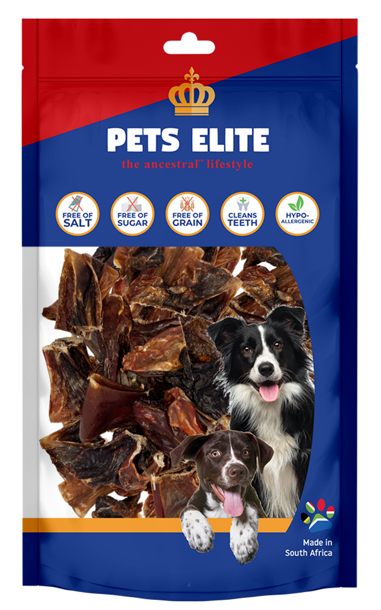 Pets Elite Pig Ear Strips Shaped, front of pack (view 2 of 4) — shaped pig ear strip dog chew from Snout & Swagger
