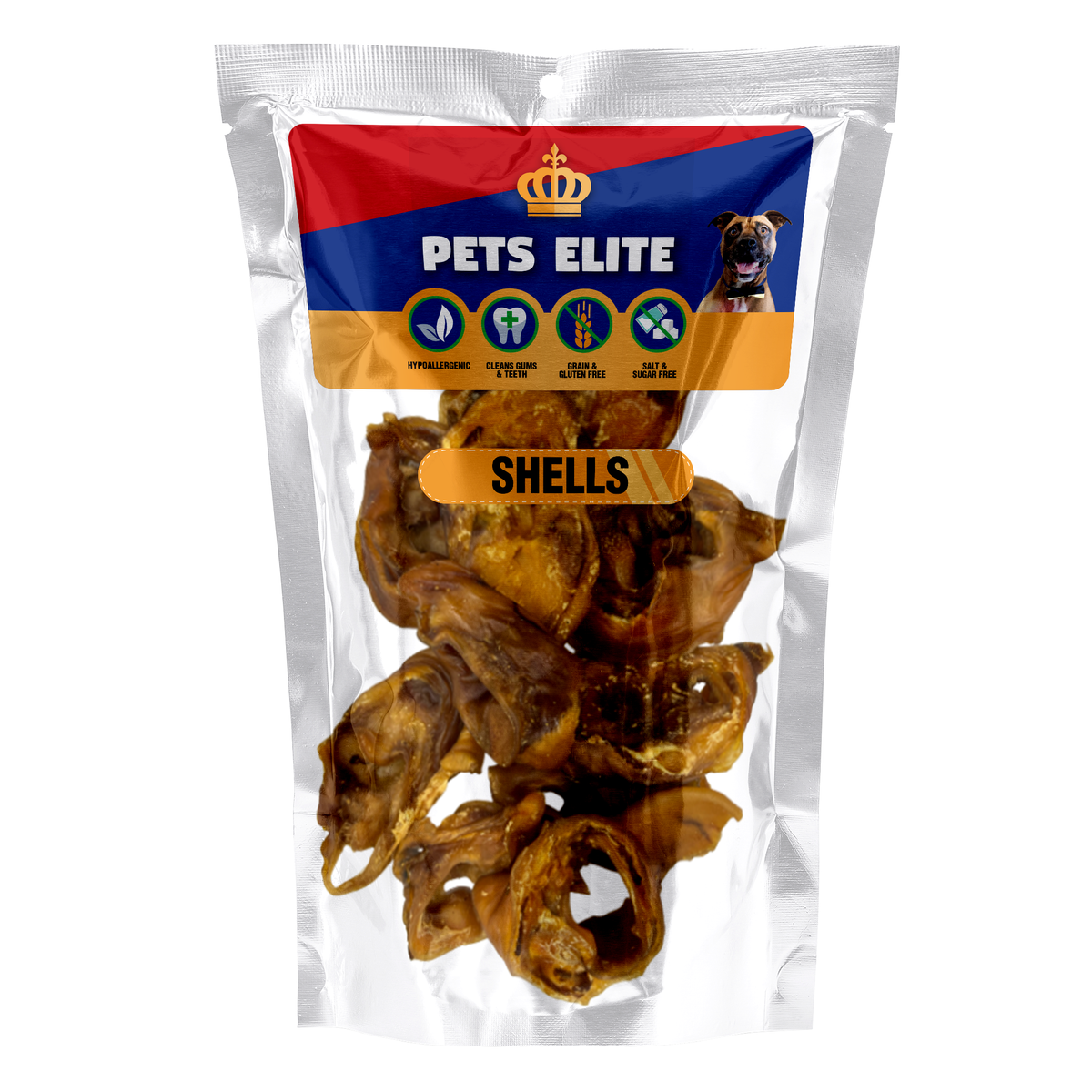 Pets Elite Pig Shells Pack of 10, front of pack - natural pig shell dog chew from Snout & Swagger