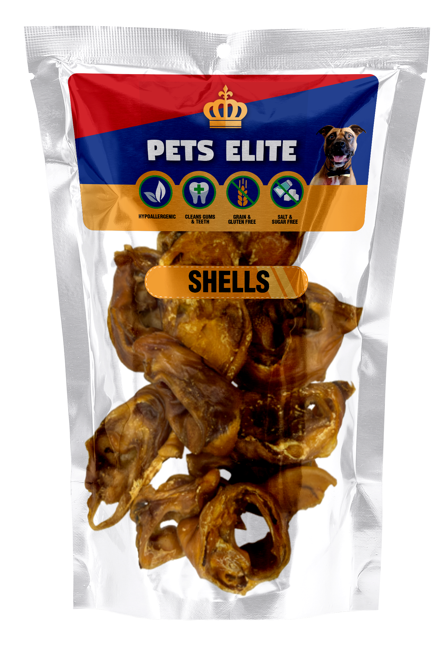 Pets Elite Pig Shells Pack of 10, front of pack — natural pig shell dog chew from Snout & Swagger