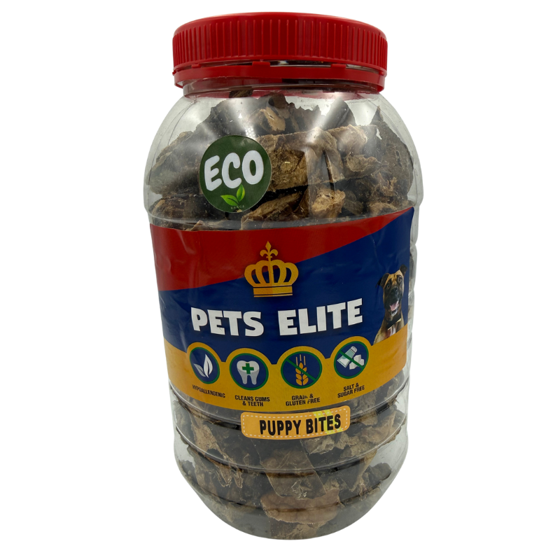 Pets Elite Puppy Bites 300g Tub, front of pack — gentle puppy bite training treat from Snout & Swagger