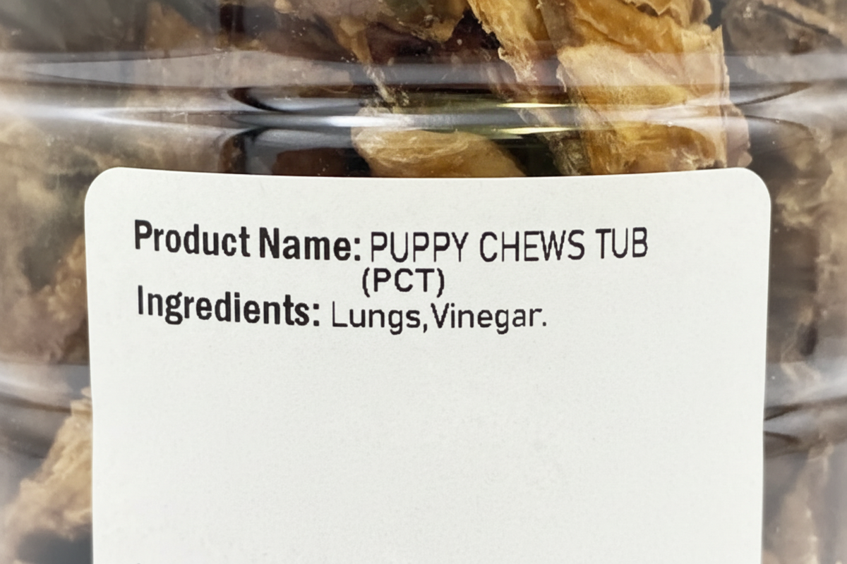 Pets Elite Puppy Chews 250g Tub, back of pack showing ingredients and feeding guide (view 2 of 3) — soft puppy chew treat from Snout & Swagger