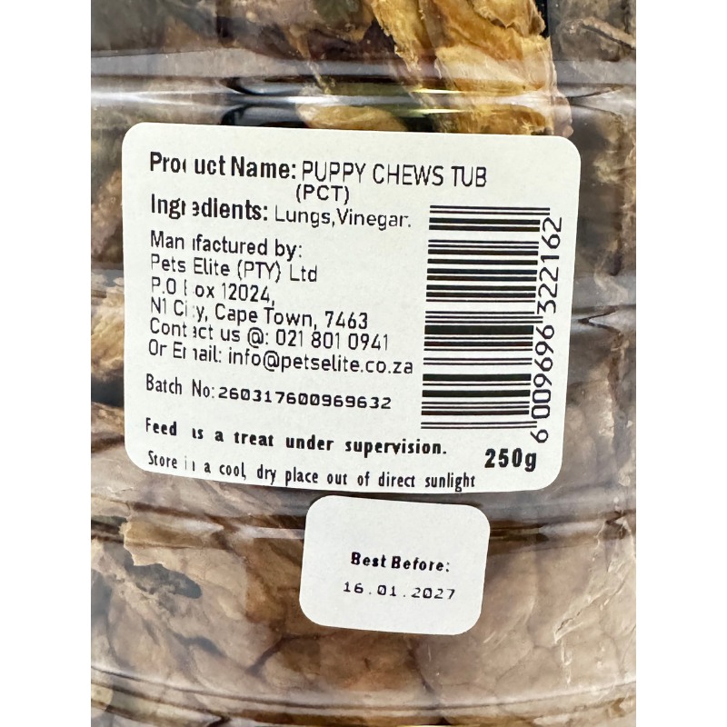 Pets Elite Puppy Chews 250g Tub, back of pack showing ingredients and feeding guide (view 2 of 3) — soft puppy chew treat from Snout & Swagger