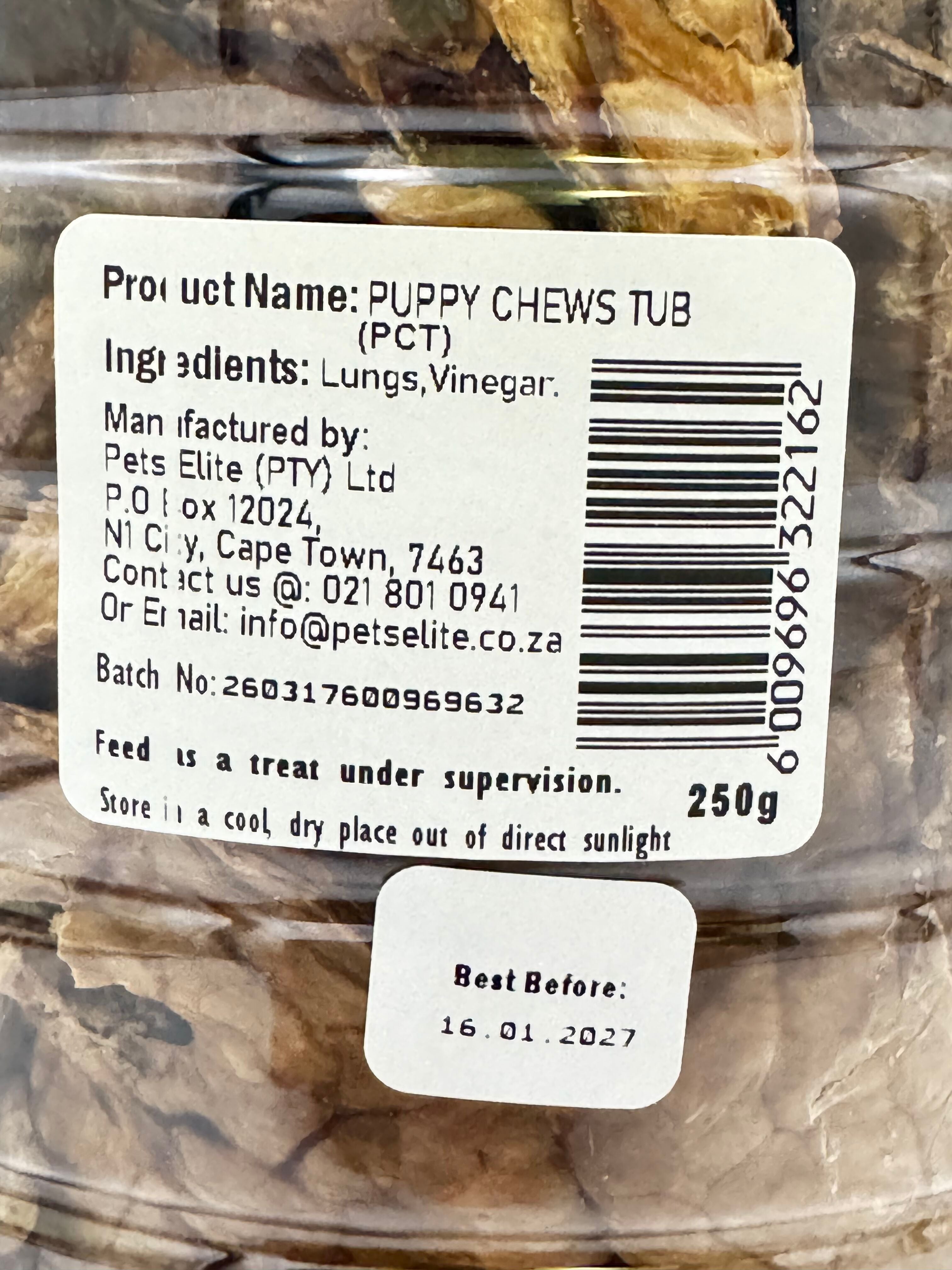 Pets Elite Puppy Chews 250g Tub, back of pack showing ingredients and feeding guide (view 3 of 3) — soft puppy chew treat from Snout & Swagger