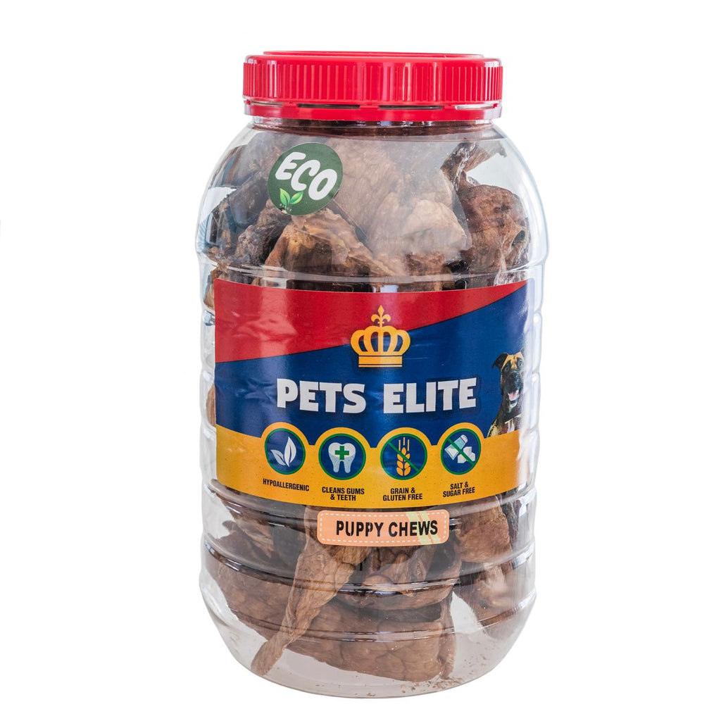 Pets Elite Puppy Chews 250g Tub, front of pack — soft puppy chew treat from Snout & Swagger