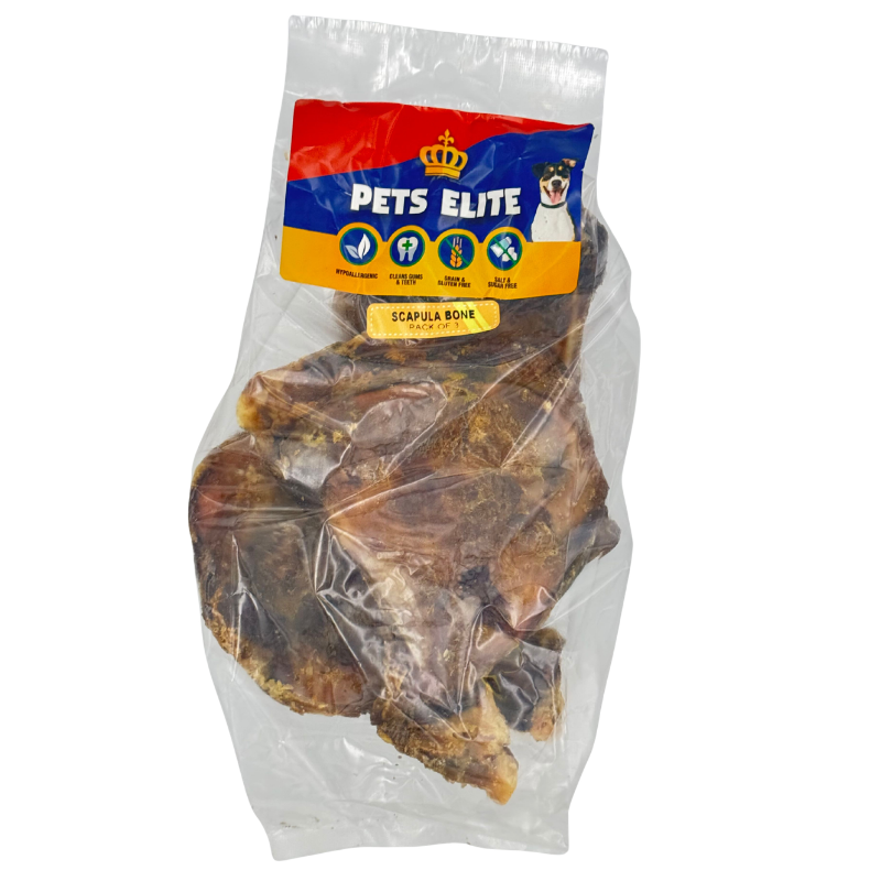 Pets Elite Scapula Bone Pack of 3, front of pack — natural scapula bone dog chew from Snout & Swagger