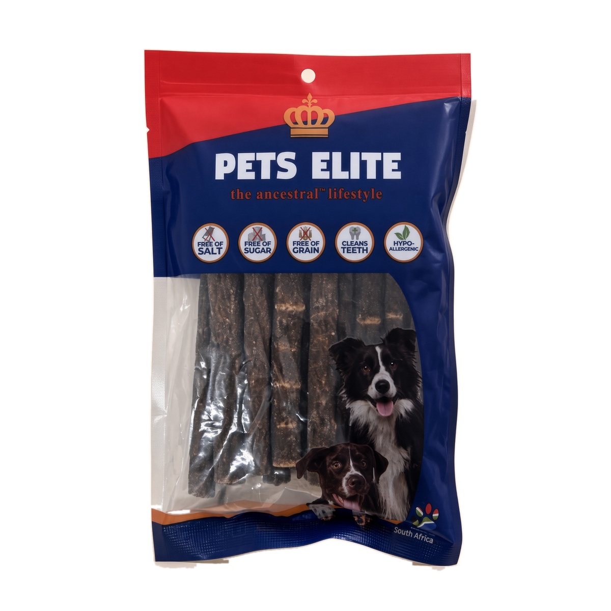 Pets Elite Snap Sticks Bulk Pack, front of pack — dry sausage beef dog treat from Snout & Swagger