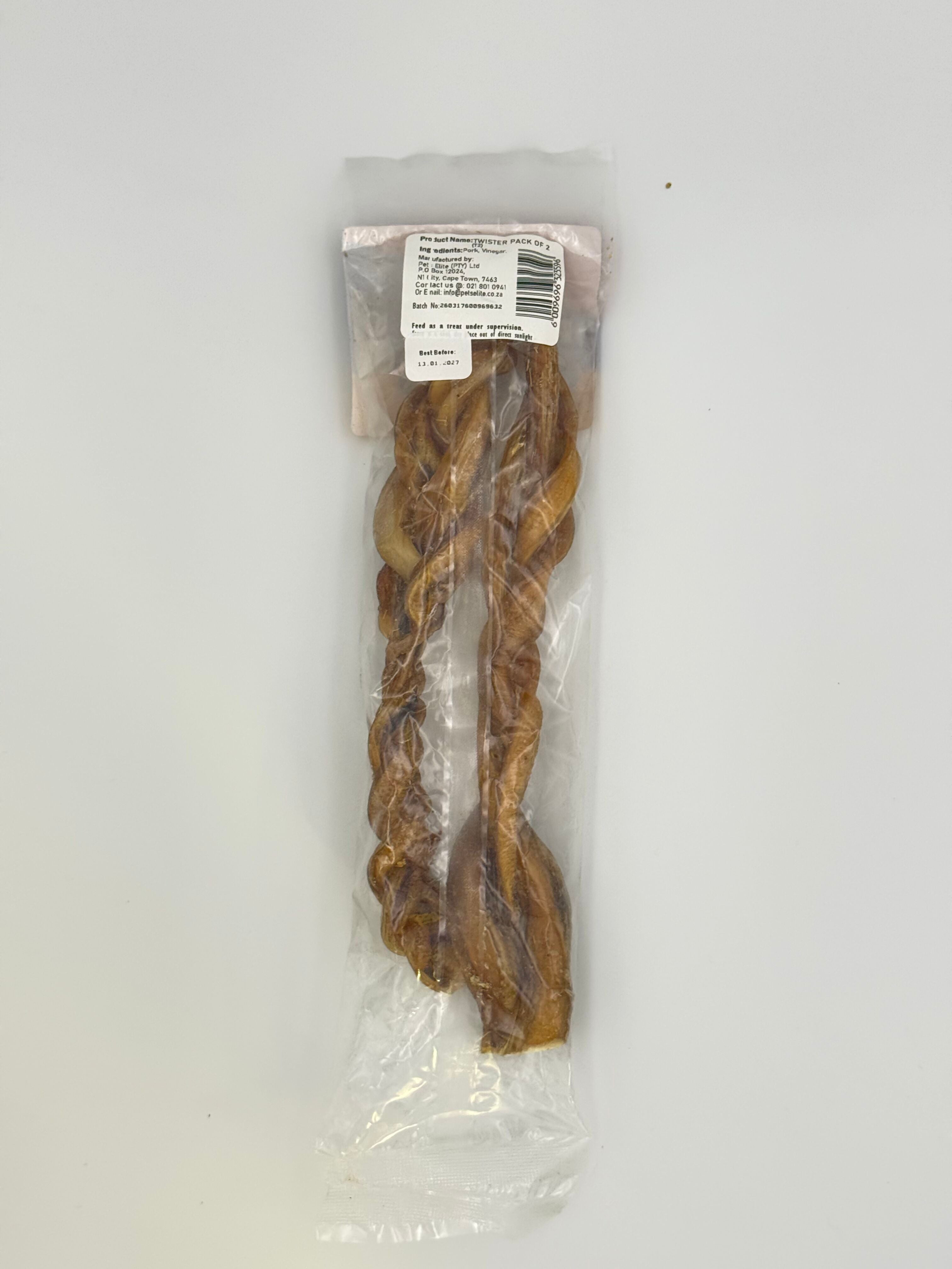 Pets Elite Twister Pack of 2, back of pack showing ingredients and feeding guide (view 1 of 4) — twisted pork twister dog chew from Snout & Swagger