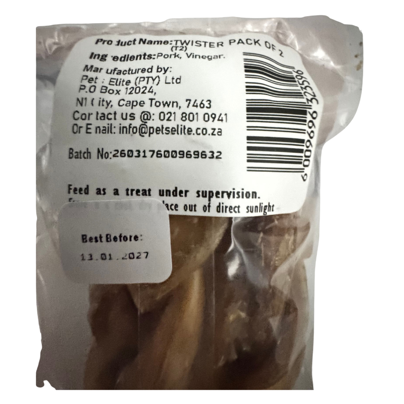 Pets Elite Twister Pack of 2, back of pack showing ingredients and feeding guide (view 4 of 4) — twisted pork twister dog chew from Snout & Swagger