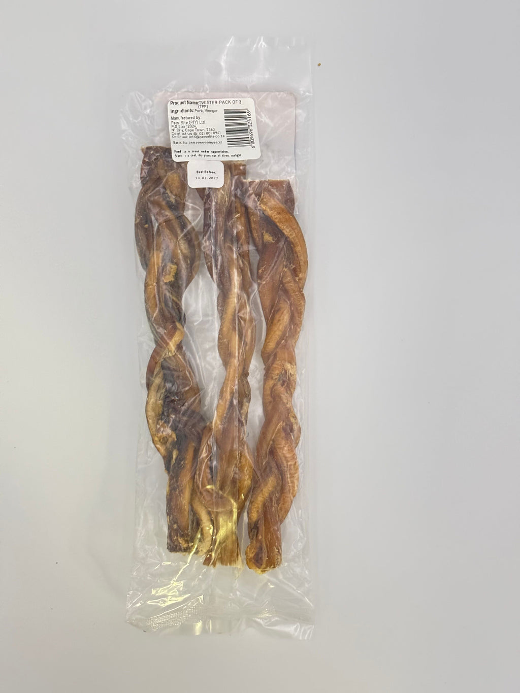 Pets Elite Twister Pack of 3, back of pack showing ingredients and feeding guide (view 1 of 4) — twisted pork twister dog chew from Snout & Swagger