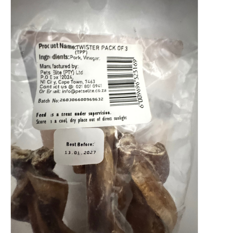 Pets Elite Twister Pack of 3, back of pack showing ingredients and feeding guide (view 2 of 4) — twisted pork twister dog chew from Snout & Swagger