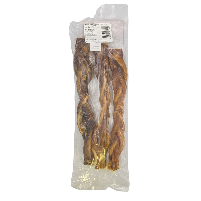 Pets Elite Twister Pack of 3, back of pack showing ingredients and feeding guide (view 3 of 4) — twisted pork twister dog chew from Snout & Swagger