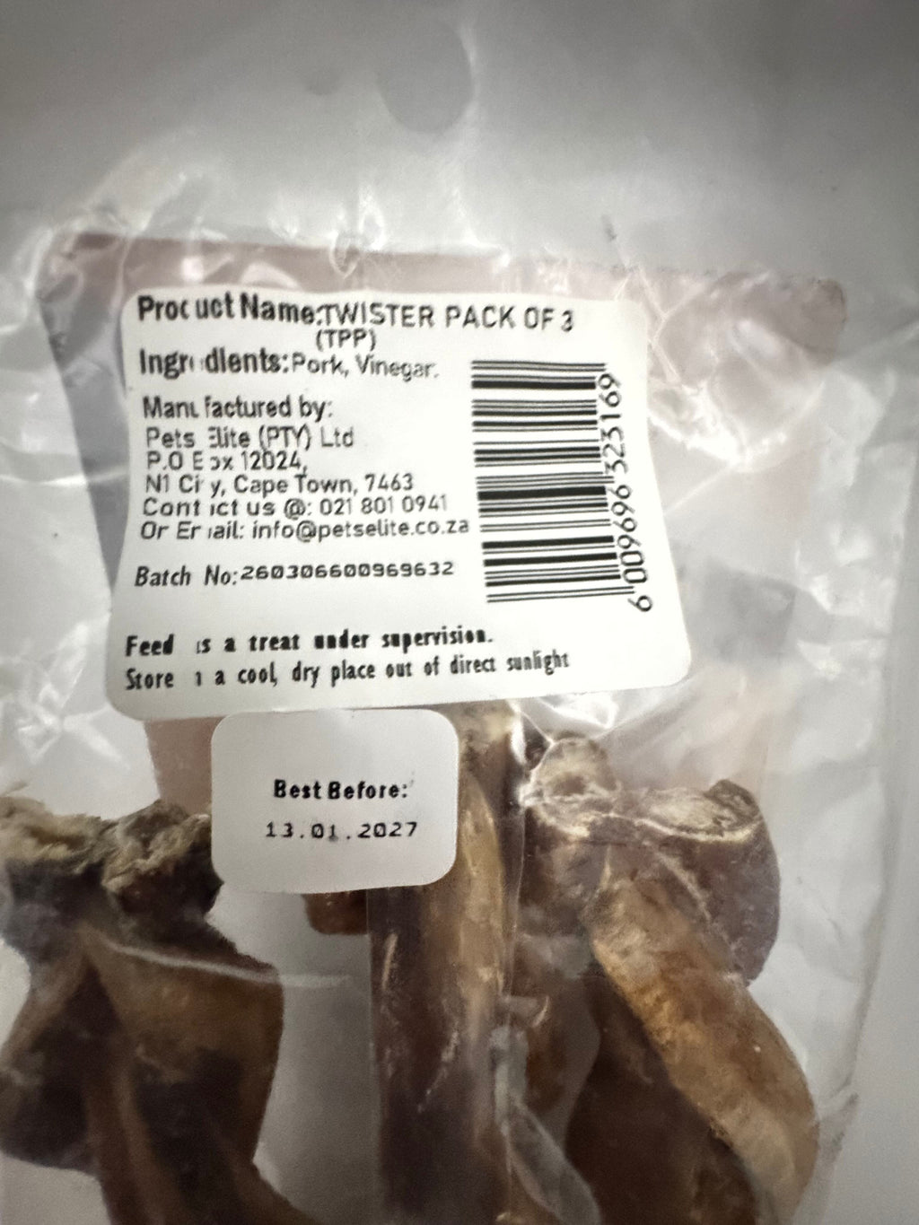 Pets Elite Twister Pack of 3, back of pack showing ingredients and feeding guide (view 4 of 4) — twisted pork twister dog chew from Snout & Swagger