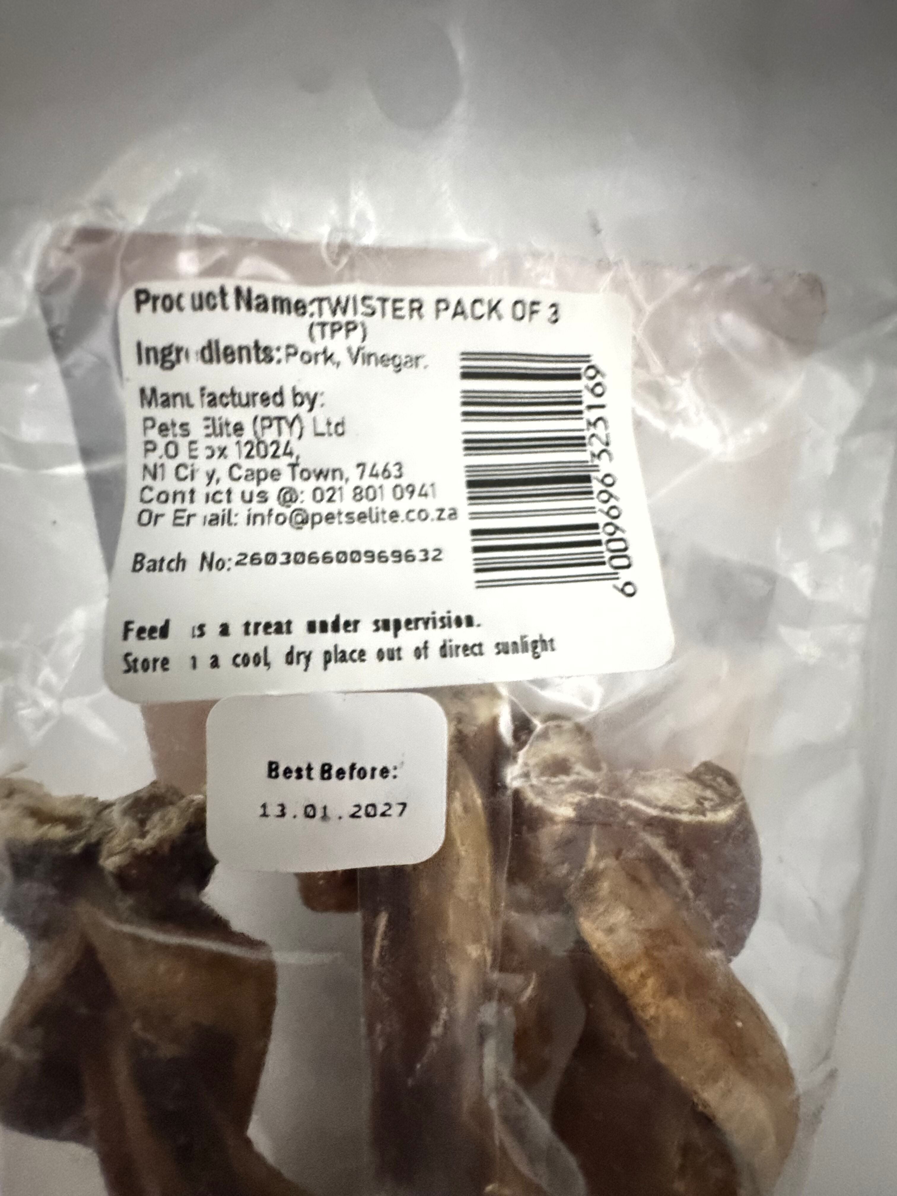 Pets Elite Twister Pack of 3, back of pack showing ingredients and feeding guide (view 4 of 4) — twisted pork twister dog chew from Snout & Swagger