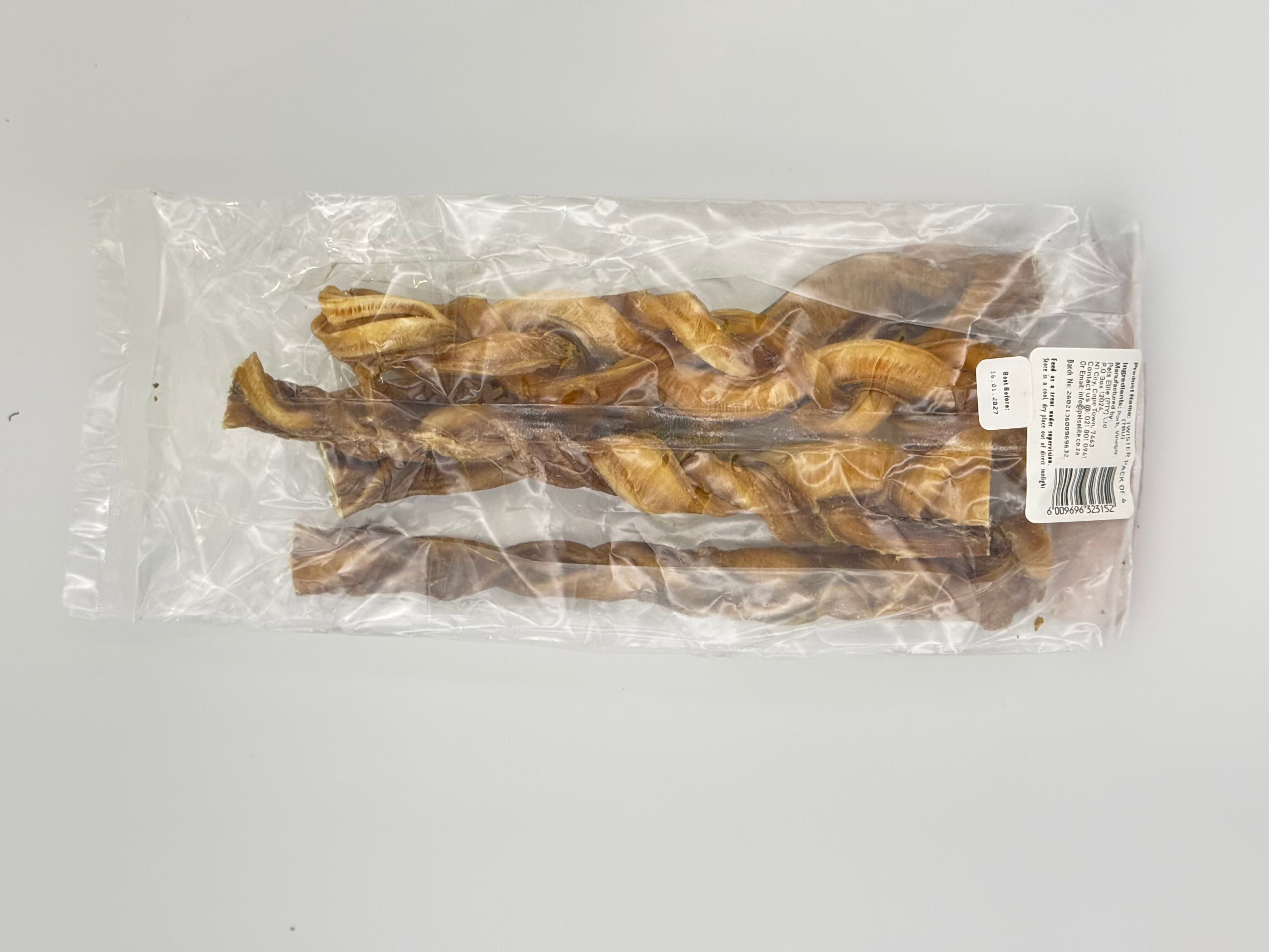 Pets Elite Twister Pack of 4, back of pack showing ingredients and feeding guide — twisted pork twister dog chew from Snout & Swagger