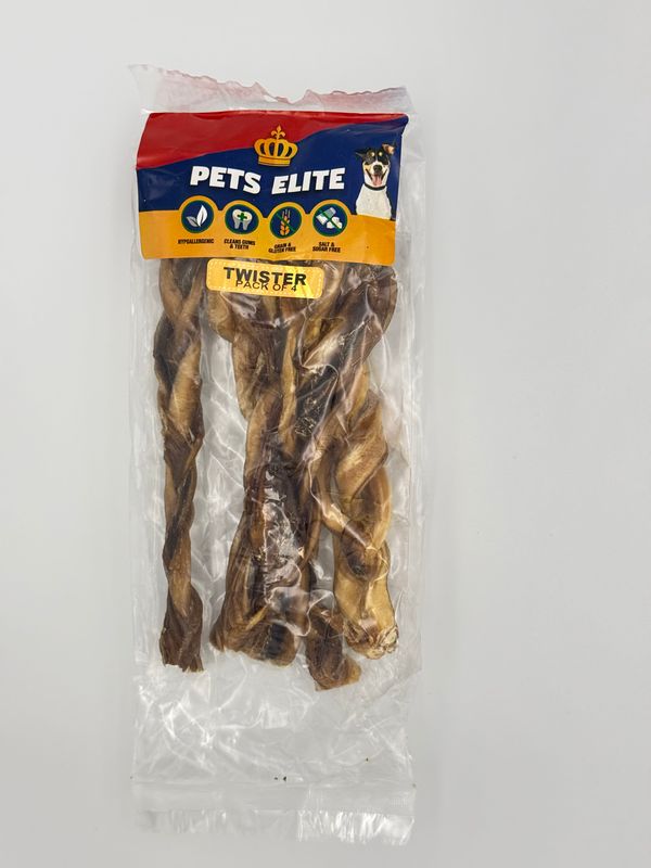 Pets Elite Twister Pack of 4, front of pack — twisted pork twister dog chew from Snout & Swagger